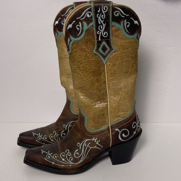 Sterling River Boots Women’s 7B Brown Teal Leather Western Embroidered Pointed - Picture 2 of 12
